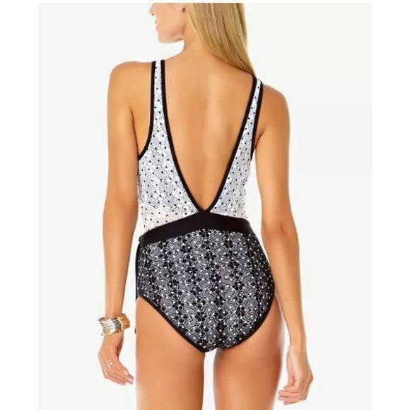 New Anne Cole In First Lace Printed One-Piece Swimsuit Black White Size 6 - Picture 2 of 3